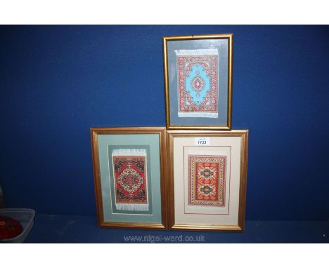 Three framed Turkish miniature Carpets, one being a Kayseri silk carpet.