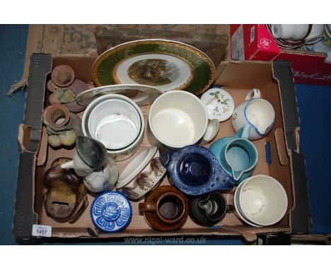 A box of china including Poole planters, Peter John frog, Bunnykins plate, etc.