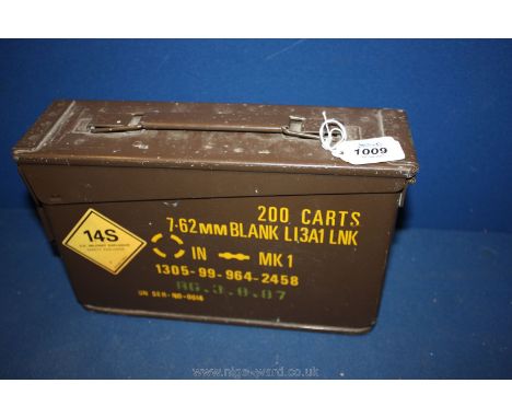 A steel army ammunition storage box for "200 Carts 7.62 mm BLANK".