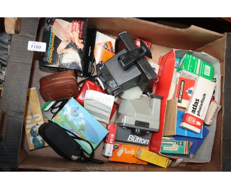 A box of Cameras and flash bulbs including Agfalux, Polaroid, etc