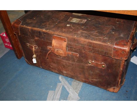 A large Leather travel Trunk, 22" x 36" x 16"