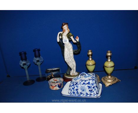 A blue and white cheese Dish, ornate blue glass candlestick, Imari trinket box, pair of onyx candlesticks, etc