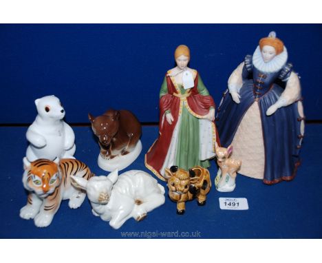 Two Franklin Mint figures - Elizabeth I  and Isabella of Spain, USSR Tiger and Bear, Poole Fawn and Chinese Panda