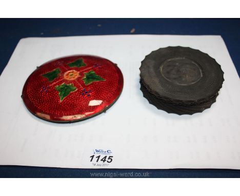 An antique hand carved treen Seal Box and an enamel Plaque.