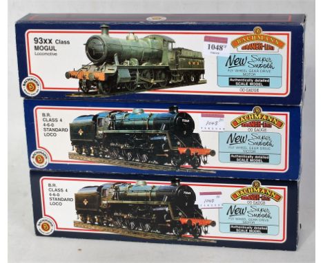 Three Bachmann locos and tenders: Ex GWR 93XX class Mogul BR plain black 9308 (G-BG) with BR Standard Class 4 lined black No.