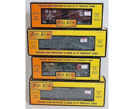 Four MTH Rail King freight cars: 2x Seaboard hopper, Hoods reefer and B&amp;O boxcar, all (G-BG)