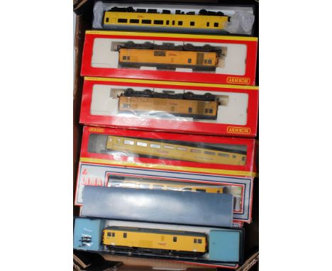 Tray containing 14 items by Hornby, Lima, Silver Fox, models etc all in Network Rail yellow livery items include various clas