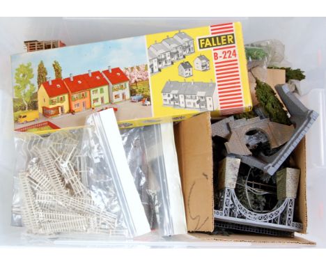 Two boxes containing a quantity of various plastic and card H0 &amp; 00 scale, lineside and railway accessories, to include F