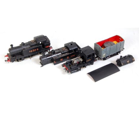 Two locos and one loco body: LMS 1F tank loco, black 16589, a detailed Budgie Toys diecast 0-6-0, Hamblings driving wheels, T