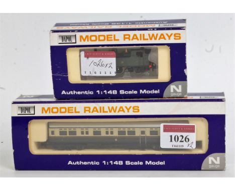 A Dapol N gauge GWR shirt button 14XX tank engine and matching GWR autocoach (NM-BG)