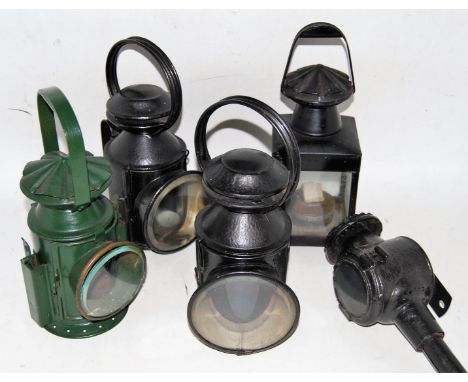 Three railway hand lamps, all complete with lenses and aspect glasses but not reservoirs etc, a BR inspection lamp and a coac