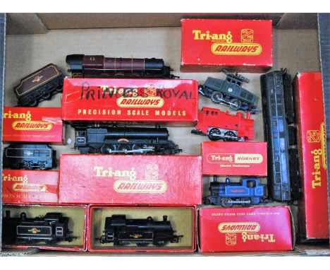 Collection of Triang locomotives in mixed condition, BR maroon 'Princess Royal' engine and tender (FG-BFG) BR black 'Princess