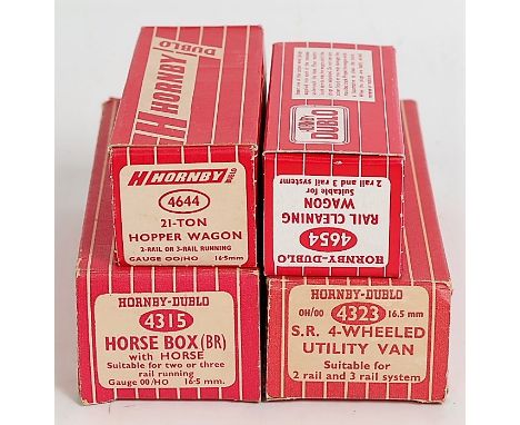 Four Hornby-Dublo wagons: 4644 21 ton hopper (NM-BM); reproduction 4654 rail cleaning wagon (NM); 4315 horse box (BR) with ho