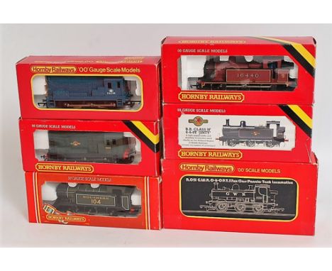 Six Hornby 0-6-0 locomotives R041 GWR pannier tank (G-BG), 2x R058 LMS red, BR black Jinty tank engines (G-BFG), R152 and R15