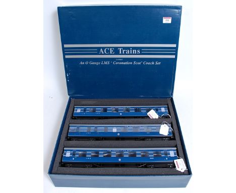ACE Trains C20B set of three coaches LMS coronation blue with silver stripes comprising Br/3rd No. 5814; open 1st No. 7509 an