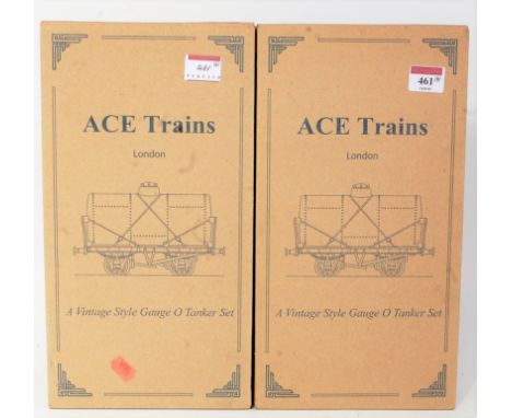 Two boxes each three ACE trains petrol/spirit tank wagons. Set 1 comprising Mobiloil; Esso (yellow) and ACE trains oil. Set 2
