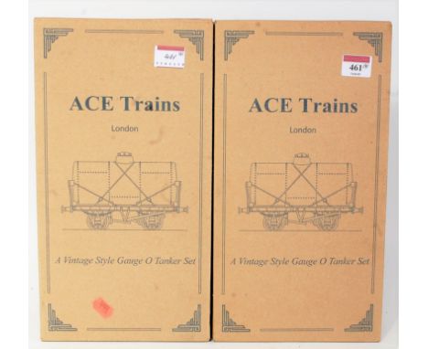 Two boxes each three ACE trains petrol/spirit tank wagons. Set 1 comprising Mobiloil; Esso (yellow) and ACE trains oil. Set 2