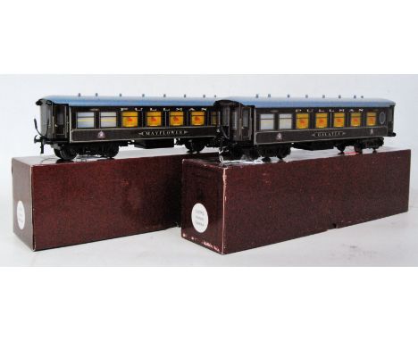 Two ACE Trains Metropolitan Pullman coaches, grey roofs C27PG Galatea and C27PM Mayflower, each with electric lighting, both 