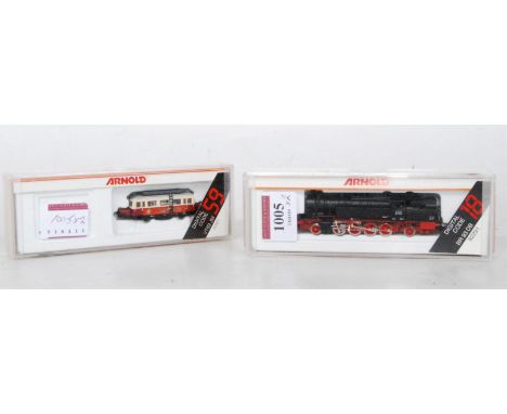 Arnold N gauge German DB black 2-8-2 tank engine (NM-BNM), and a four wheel railbus (NM-BNM), both items DCC fitted