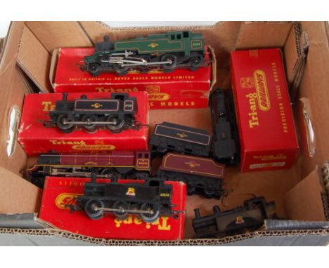 A selection of Triang locomotives, 2 early black, one later lined black Jinty tank engines, varying styles of loco numbering,