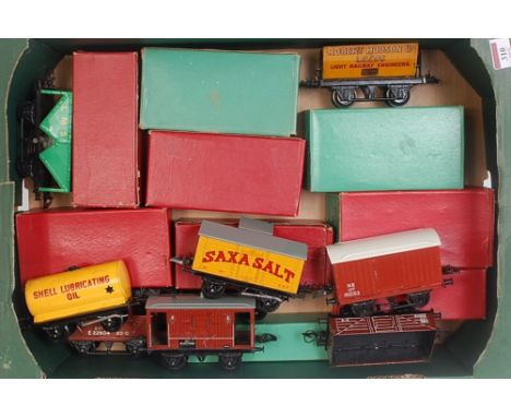 Nine post-war Hornby wagons all boxed: No. 50 Saxa (VG), No. 50 Shell Lubricating Oil (G), No. 50 goods brake, No. 50 low sid