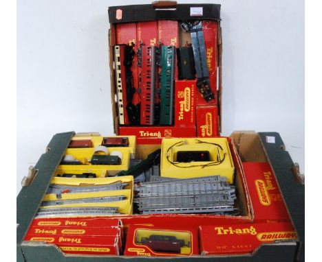 2 trays of Triang items including R356/R38 'Winston Churchill' engine and tender (G-BFG) 3 medium length coaches and 5 wagons