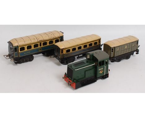 Small tray containing four items: Lima 4-wheeled diesel engine totally repainted green as BR D6523; 2 x JEP blue &amp; cream 