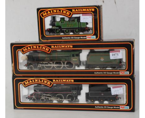 3 Mainline steam locomotives BR green 'Royal Scot' (G-BFG) BR black class 4MT No. 75006 (NM-BNM) and LNER green class J72 tan
