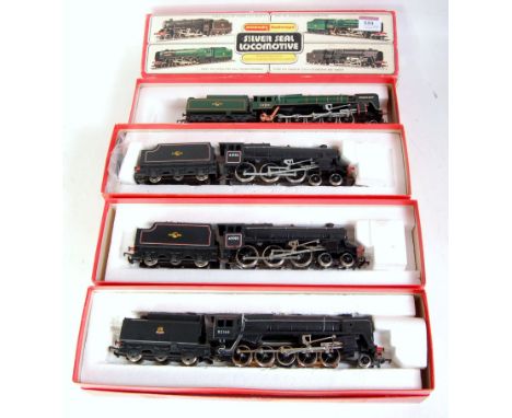 4 Hornby locomotives, 2x R859 BR lined black class 5 engine and tender (G-BFG), R550 BR black class 9F engine and tender (G-B