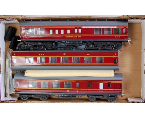 Three made-up ACE Trains LMS Stanier coach kits - restaurant car 4799, 1st/3rd 4195 and Br/3rd 26133, all roofs repainted, al
