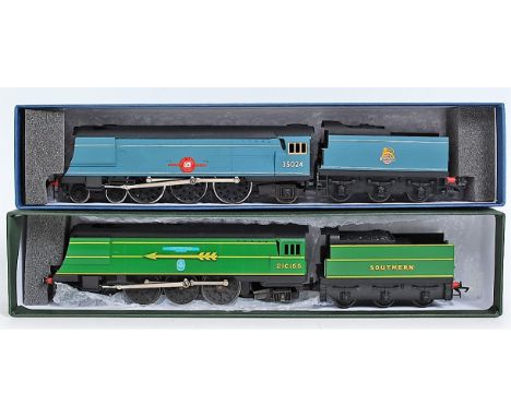 Two repainted renumbered Triang locomotives as Southern malachite green 21C155 'Fighter Pilot' with Golden Arrow insignia (GR