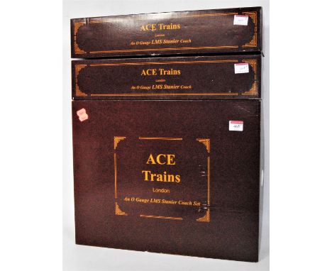 Five ACE trains LMS 40cm Stanier maroon coaches. Set of 3 x C18/A comprising 1935 3rd; 1085 1st and 5062 Br/1st with working 