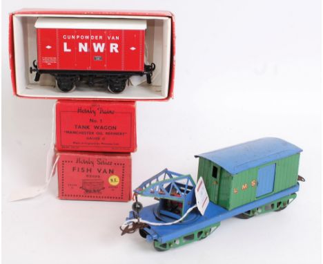 Three Hornby and one ACE Trains wagons - ACE LNWR gunpowder van, some marks (G), 1935-41 No. 0 fish van NE black standard bas