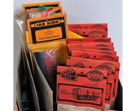 Rolling stock kits and bits including 4x Kirk coach kits (two have been opened) (a/f), 17 Parkside wagon kits (M-BNM) and 3 p