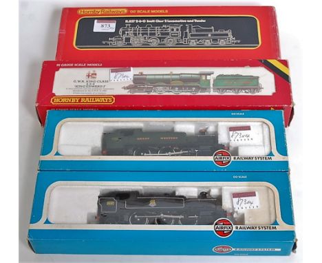 Hornby R857 BR black Ivatt 2MT engine and tender (G-BG), a GWR 'King Edward I' engine and tender (G-BG) and Airfix GWR green 