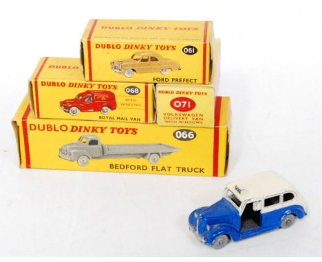 Five Dublo Dinky Toys all except van boxed (BVG-E), 061 Ford Prefect, 071 Volkswagen van, 068 Royal Mail van, 066 Bedford fla