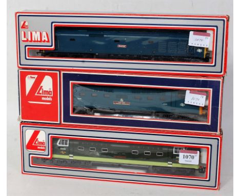 3 Lima diesel locomotives BR green D9008 'The Green Howards' (NM-BNM), BR blue 9006 'The Fife and Forfar Yeomanry' (G-BG) and