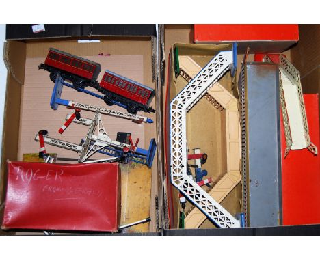 Two large trays containing Hornby accessories: post-war No. 1 goods platform orange roof (G-BG); 2x No. 1 post war level cros