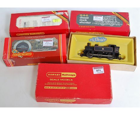 Four Hornby locomotives R52S BR Jinty tank engine, 2x R253 dockyard shunter and R300 GWR 57XX pannier tank (all G-BG)