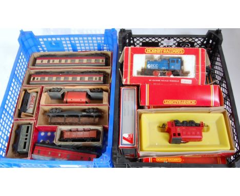 Three trays containing mixed items including Hornby 0-4-0 steam and diesel locomotives, damaged Heljan BR blue class 52 diese