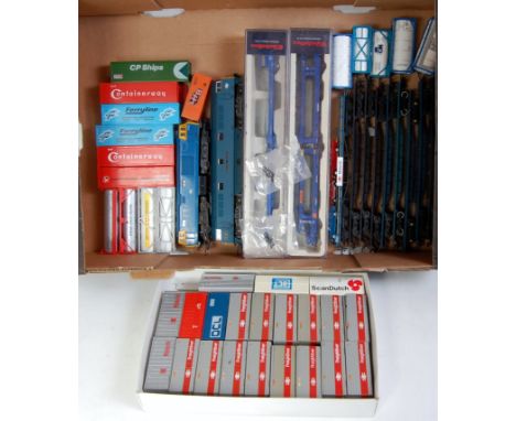 Tray containing Lima class 52 diesel 'Western Renown' and Hymek diesel both BR blue, 9 Hornby liner train wagons, 30+ contain