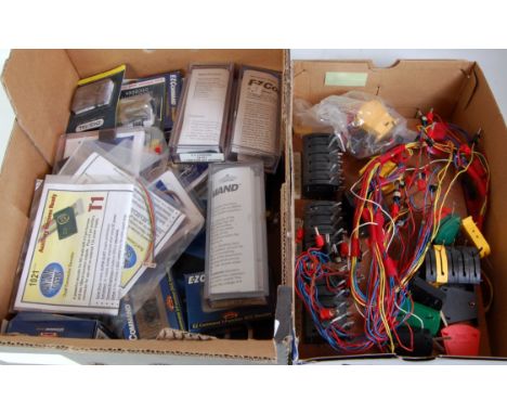 Quantity of Triang lever frames electrical wiring reels, plugs, switches, DCC chips by Bachmann and others, some boxed etc (F