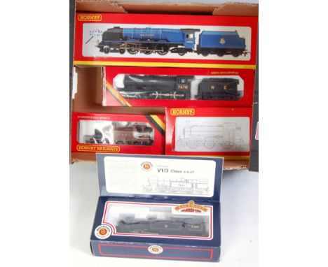 5 steam locomotives, Hornby R2386, BR blue 'Duchess of Gloucester', box stained (G-BD), R150 class B12 NRE black (G-BF), R240