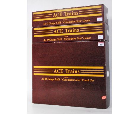 Five ACE Trains LMS 'Coronation Scott' C28 coaches maroon with gold lining. Set of 3 C28/B comprising all 3rd 8961; All 1st 7