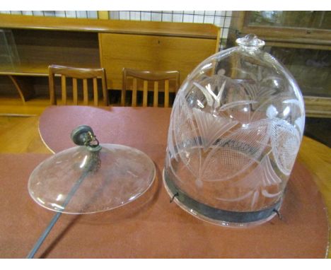 Beautiful antique cloche style etched light, the cloche is hung from a ceiling fitting with chains,  slightly larger than the