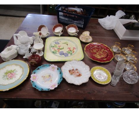 Various china inc Royal Doulton, Lennon hand painted plate, ceramic swans, plus glass cups and saucers, boot and rose bowl