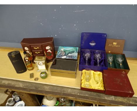 Johnnie Walker Black Label whiskey, silver rimmed ink well, carriage clock and jewellery boxes etc&nbsp;