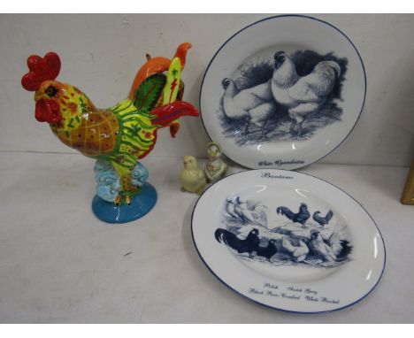 Norfolk china chicken plates, Sharon Neuhaus ceramic Cockerill, Nao cruet and one other