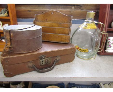 Dimple whiskey bottle in cradle, vintage card suitcase, letter rack and small round leather collar case