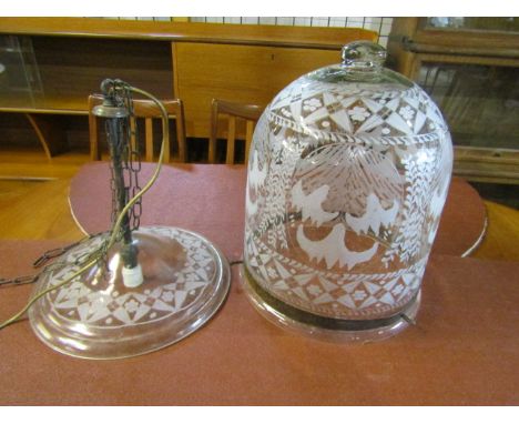 Beautiful antique cloche style etched light, the cloche is hung from a ceiling fitting with chains 45cmH (without fitting)&nb